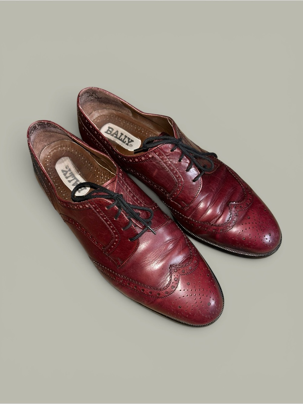 Bally Wingtip Oxblood Leather Brogue Wingtips Mens Size 9 Vintage Made In Italy